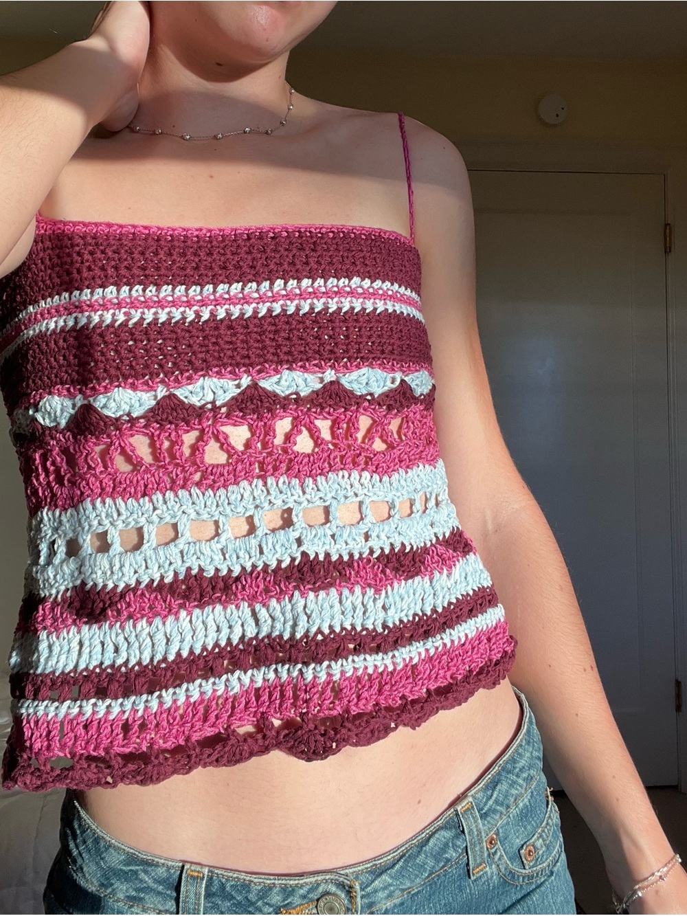 Striped Crochet Tank Top - Pink, Burgundy & White